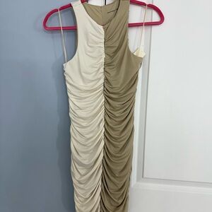 Abercrombie & Fitch Cream and Tan Ruched Midi Dress